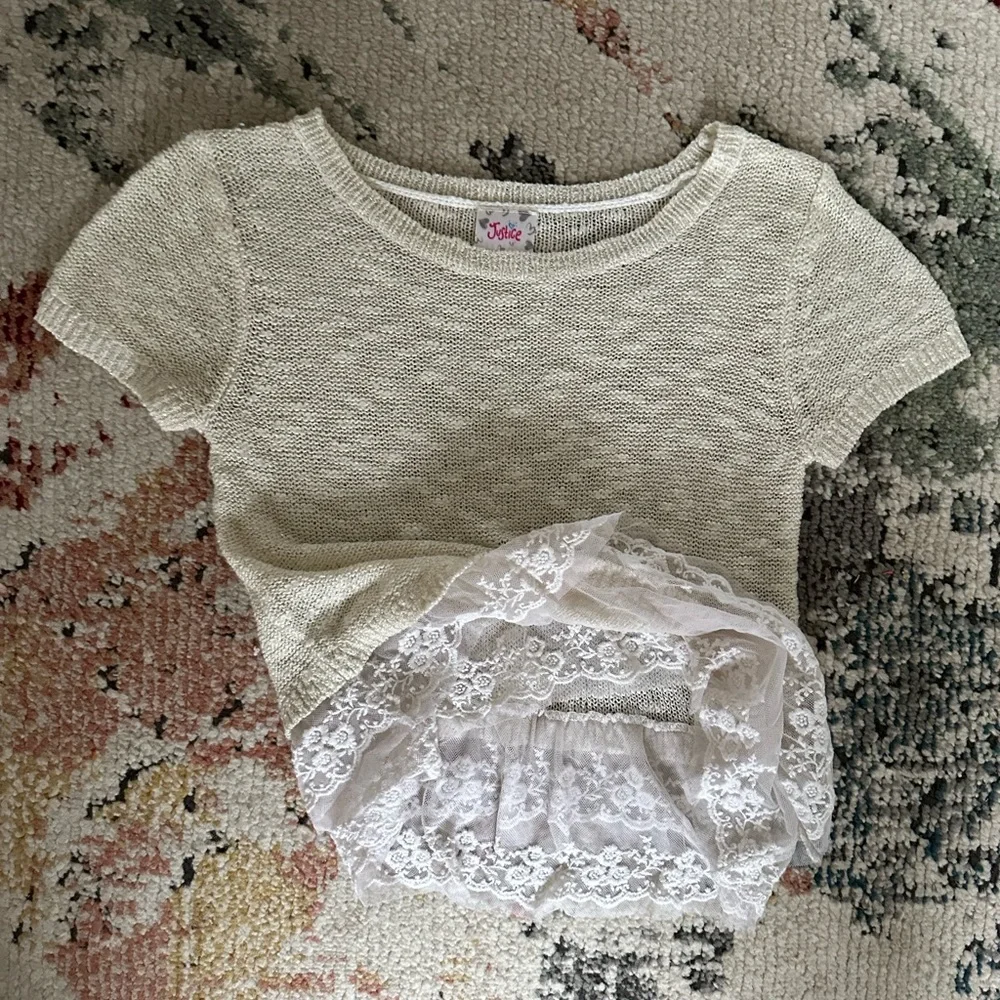 Justice Girls Short Sleeve Sweater Blouse Lace Tulle Bottom Size 12 Like New